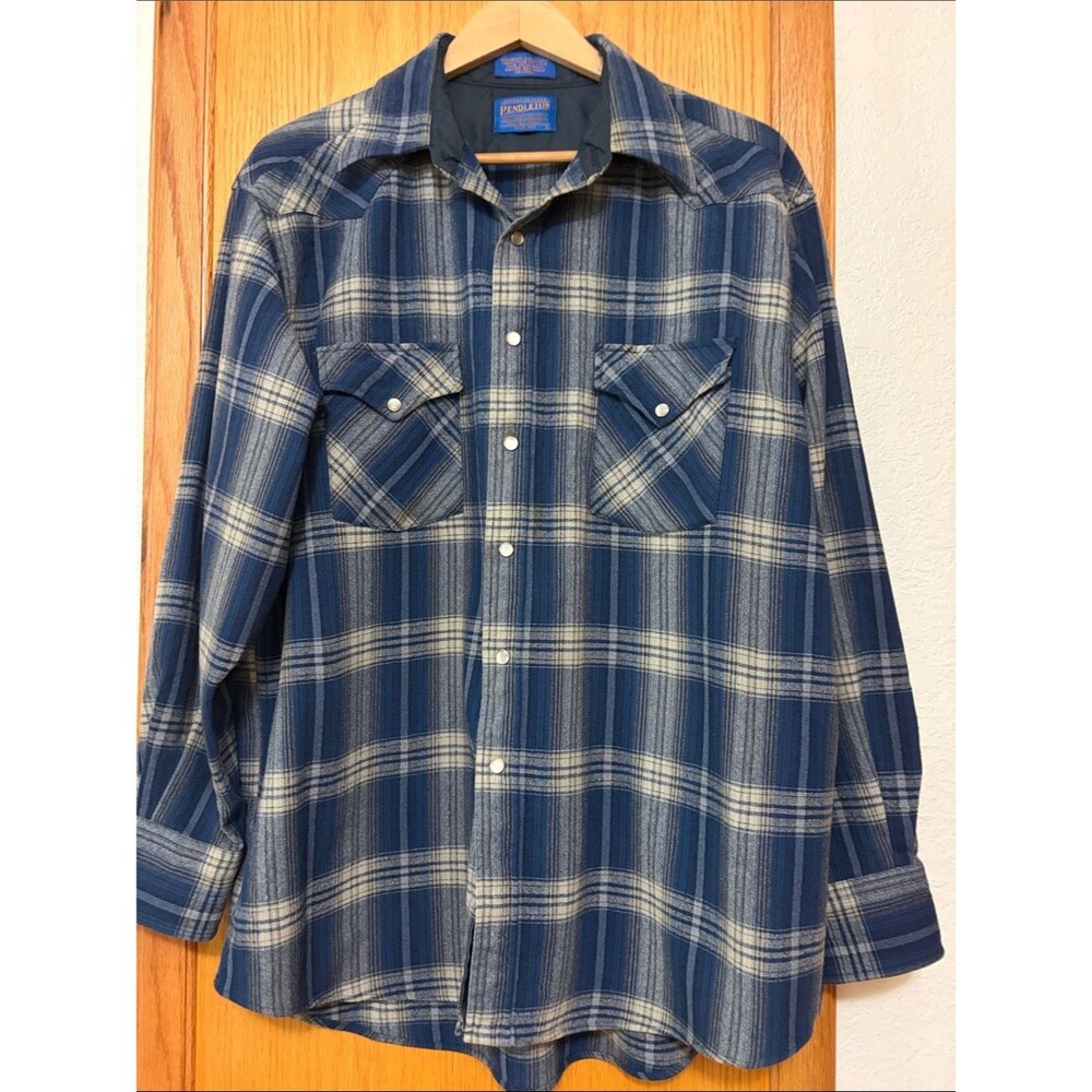 Pendleton 100% Virgin Wool Blue  Plaid Pearl Snap Shirt Men’s L Western Vintage